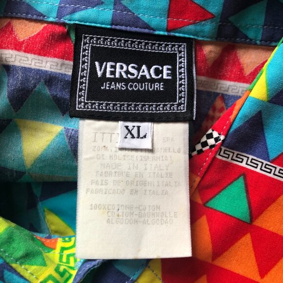 Versace Jeans Couture vintage 1990s rainbow greek key triangle print shirt - Picture 7 of 8